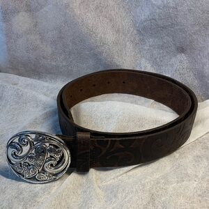 Brighton Brown Love Carnival Tooled  Leather Belt with Silver Buckle